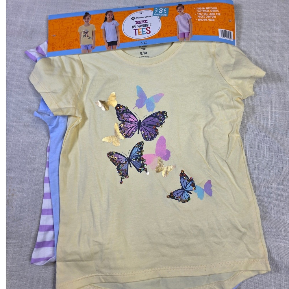 Members Mark Girls 3 Pack My Favorite Tees Butterfly Striped Shirts Size 6 6X